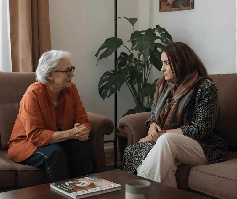 Une accompagnante et une personne âgée partagent un thé en discutant